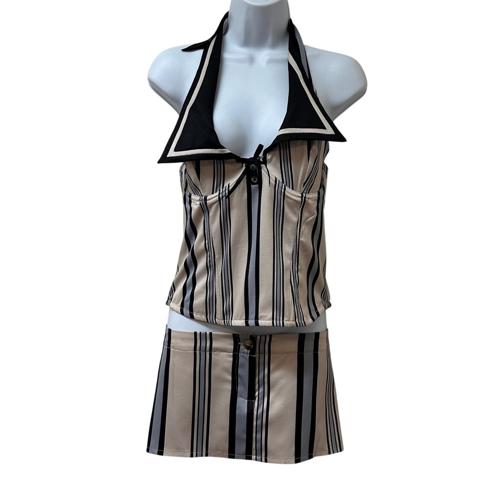 Jaded London Striped Halter Corset Top and Micro Mini Skirt Set US 12 Black Blue